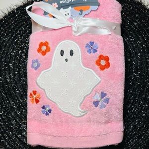 2 Halloween Pink Ghost Embroidered & Checkered Hand Towels Cute Eyelet Sparkle
